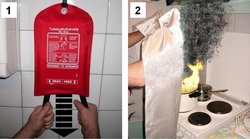 Tulekustutusvaiba kasutamine: 1 tõmba vaip kotist välja ja lase lahti rulluda, 2 iseennast kustutusvaibaga leekide ja pritsmete eest kaitstes aseta vaip tihedalt tulekoldele 5.