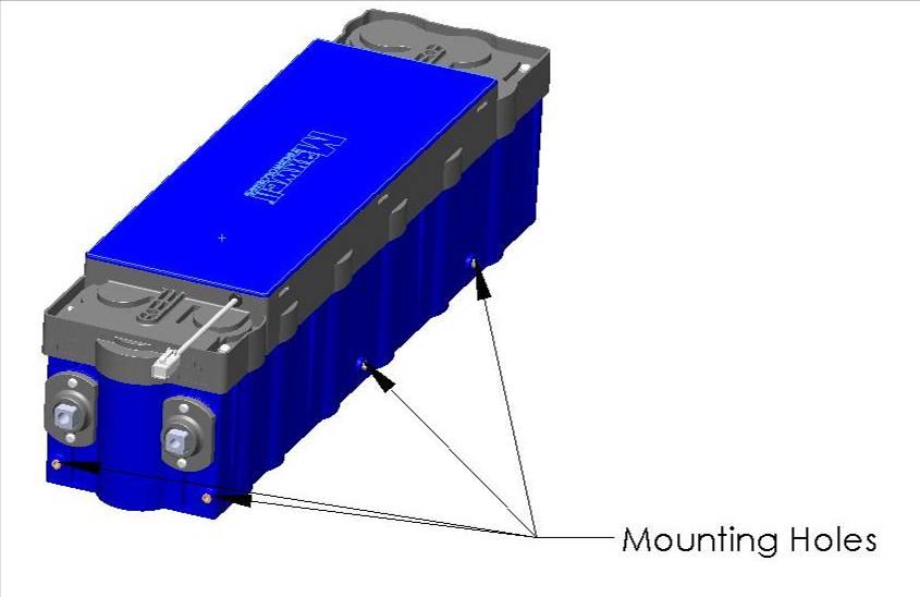 Figure 2. View of side and front mounting holes. The 56V UPS Energy Module has eight M5 mounting holes. Four of these holes are shown in Figure 2.