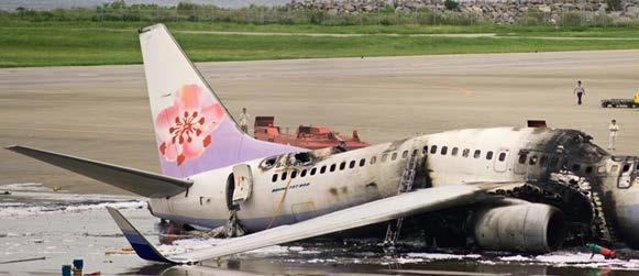 737 China Airlines Aug 2007 Fuel that was leaking from the fuel tank on the right wing caught fire and the aircraft was engulfed in flames.