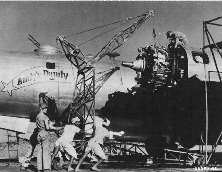 (Source: National Archives) On their fourth mission (Aug. 10, 1944, Thursday) flown from A-7 to Nagasaki, Japan a valve was swallowed on the number four engine on takeoff, causing a fire.