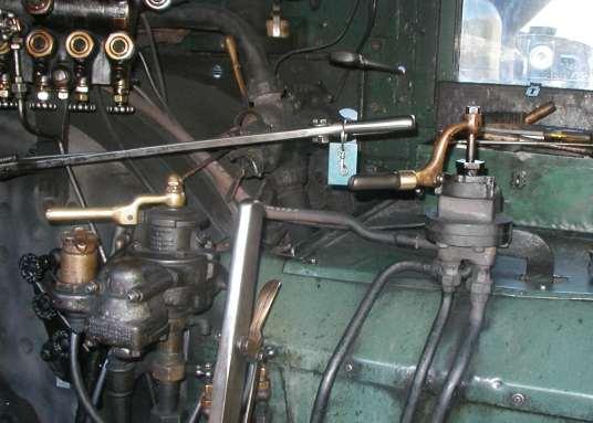 Cass 5 Brake Valves: This photo shows the two brake valves on Cass No 5. The valve on the right controls the locomotive steam brakes and the valve on the left controls the train air brakes.