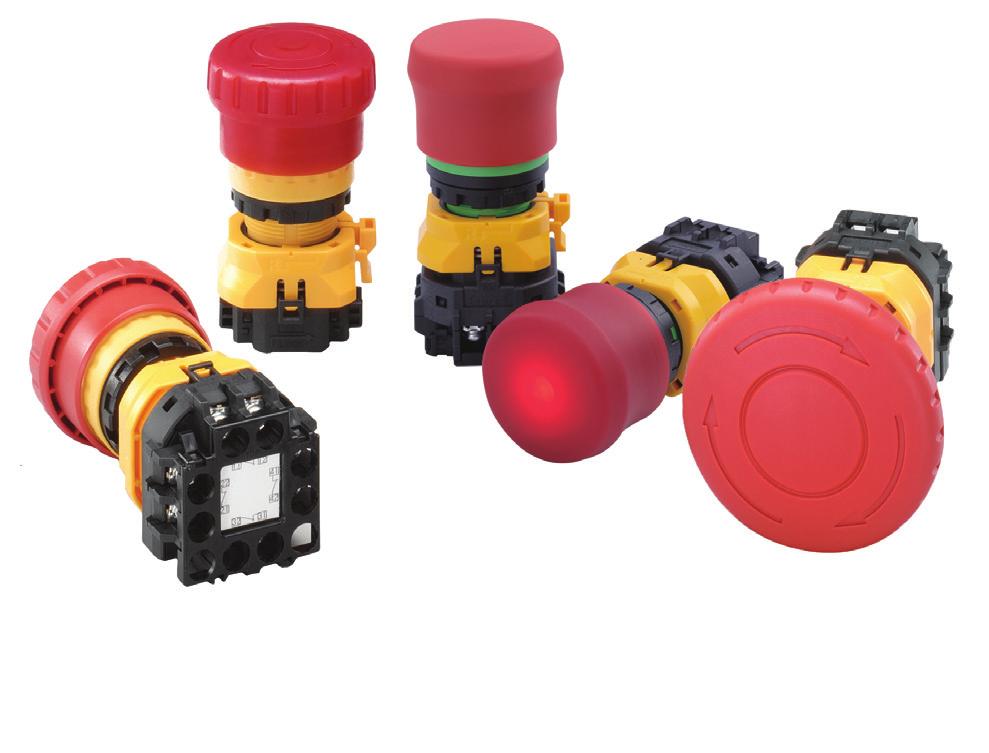 ø22mm XW E-Stops Circuit Breakers Terminal Blocks ors Timers elays & Sockets Signaling ights 22mm XW E-Stops Key features: The depth behind the panel can be as little as 46.