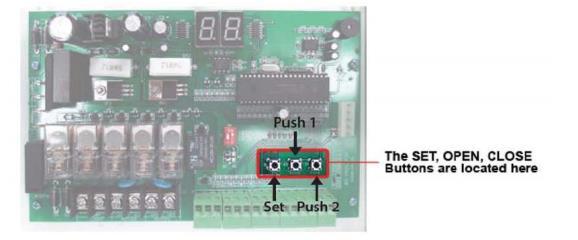 First Run This is our recommended procedure to run the gate for the first time. PUSH 1 or PUSH 2 to increase or decrease the parameter. Then press SET button to move to the next parameter. 1. Press SET button to begin.
