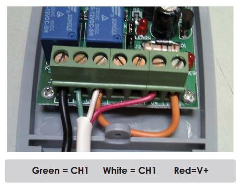 If you are happy with this position use the small provided set screw in the bottom hole to secure the receiver in place. 4. Attach the receiver wire to the terminals as seen below.
