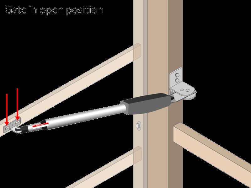 7. With the gate in the OPEN position, attach the gate opener to the post bracket assembly and gate bracket. Swing the arm over to the gate and mark the holes. For the gate bracket.