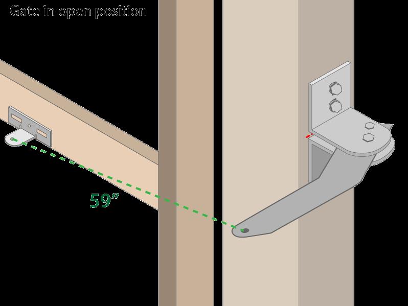 13) WITH THE GATE IN THE OPEN POSITION measure 59 from the center of the hole on the boomerang bracket to the