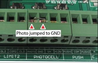 Temporary Safety Jumpers & Dip Switch Settings If you are not using a safety device like a photo eye or safety loop the Photocell terminal must remain jumped to the GND terminal.