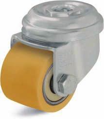 Pressed steel compact castors with bolt hole fitting 75-350 kg Brackets: Made of pressed steel, with double ball bearing in the swivel head, strong central kingpin, ball protection by the special top