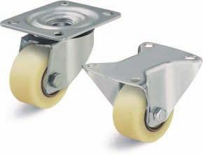 Pressed steel compact castors with top plate fitting 75-350 kg Brackets: Made of pressed steel, swivel bracket with double ball bearing in the swivel head, swivel head seals.