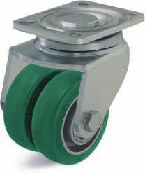 Pressed steel or welded steel extra heavy duty twin wheel compact castors, with top plate fitting 280-1750 kg LHD-bracket series: Made of heavy pressed steel, with heavy fork and top plate, very