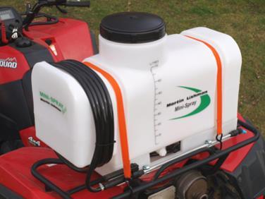 ATV Mounted - 70 litre tank PRACTICAL AND ECONOMIC WEED CONTROL Mini-Spray Basic - Spot Sprayer A budget-priced simple 12v sprayer designed for hand-lance use only 70 litre tank, easily mountable on