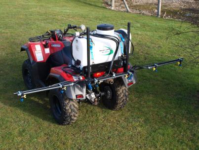 treatments 70 litre tank with lid filter, easily mountable on ATV rack with ratchet straps supplied. 6.8 litres per minute 12 volt by-pass pump (7A). 2m cable for wiring to ATV electrics.