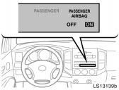 LS13139b The front passenger occupant classification indicator light indicates the actuation of the front passenger airbag, side airbag on the front passenger seat and front passenger seat belt
