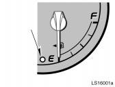 Fuel gauge Low fuel level warning light LS16001a On inclines or curves, due to the movement of fuel in the tank, the fuel gauge needle may fluctuate or the low fuel level warning light may come on