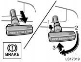 For better holding power, first depress the brake pedal and hold it while setting the parking brake. To release: Press the lock release button (1), turn the lever clockwise (2), then push it in (3).