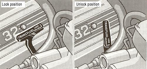 Lock position Unlock position 2. With the engine still idling, check the fluid level and condition on the dipstick. If necessary, add automatic transmission fluid type T-II or equivalent. a. Turn the dipstick lever clockwise to unlock position, pull it out and wipe it clean.