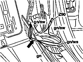 Rework plate (F) so that wiring harness does not chafe or is squeezed. P82.10-2520-01 26 Route extended brown cable and green/black (gn/sw) cable in right cable duct to the right A-pillar.