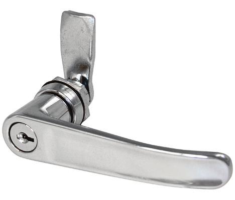 124 E5 Cam Latch Zinc L-handle Hand operated Fixed grip Single hole install Multiple key codes Zinc alloy, powder coated or chrome plated and steel, zinc plated Maximum static load: 330 N (74 lbf