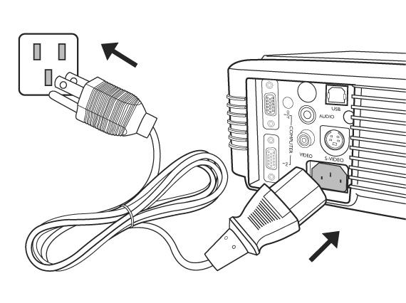 Zagon in izklop projektorja 1. Napajalni kabel priključite na projektor. Drugo stran kabla priključite v omrežno vtičnico.