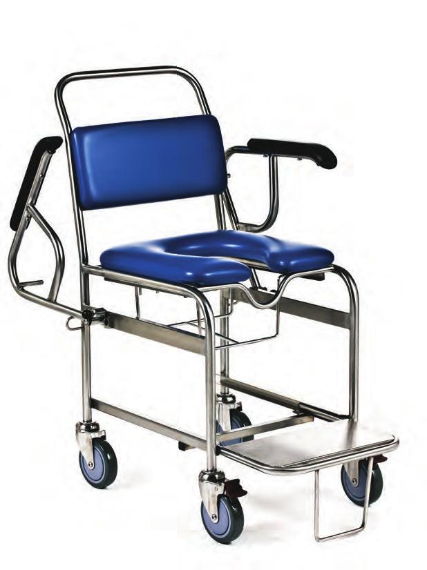 Features - Seat width 440mm - Seamless padded seat and backrest - Bed pan holder - Padded arm rest -Locking castors - Options - Oxygen cylinder holder and clamp - IV pole and clamp - Hinged seat -