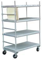 of most glasses/cups Holds two trays per ledge Nesting units available 1" square tubular aluminum construction 5'' Poly U swivel stem casters Freight Class 300 Tray Spacing D x L x H Model No.