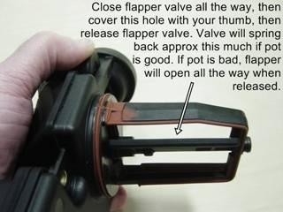 To test the vacuum pot: #4 1. Manually close the flapper valve until it's seated against the rubber seal inside the support frame. 2. Cover the hole shown with your thumb while valve is closed. 3.
