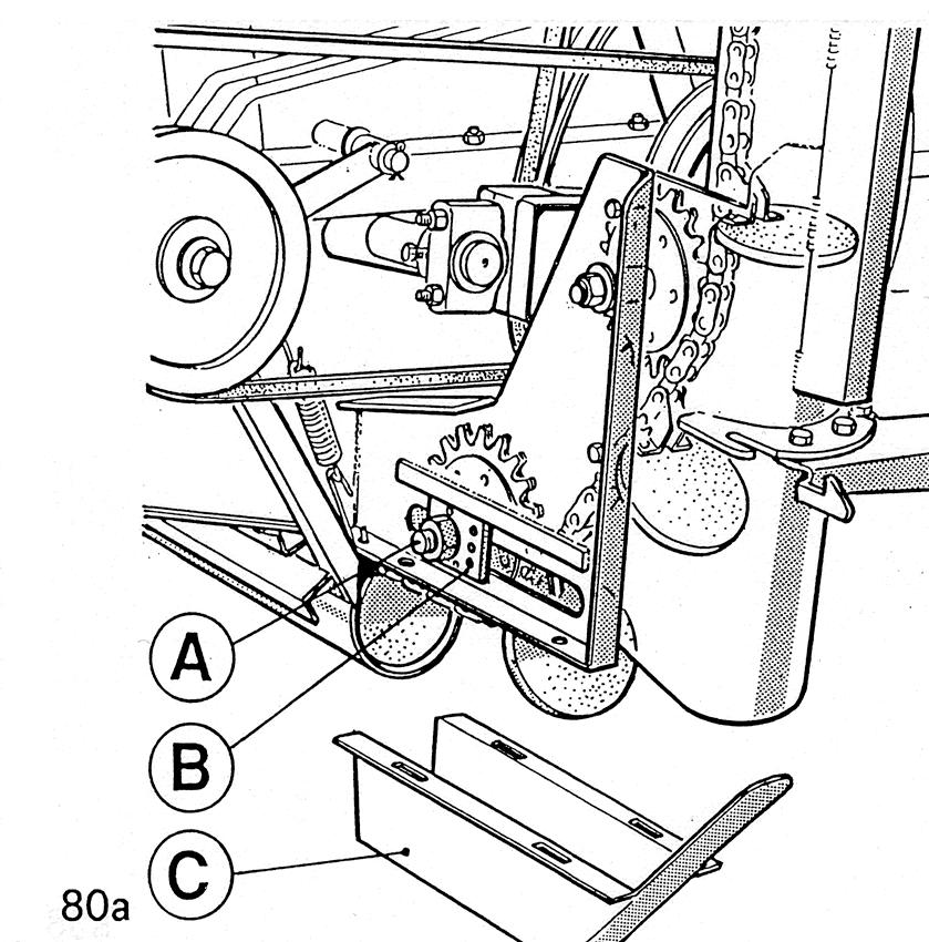 Adjusting of Worn Disc Sections (80a and 80b) If the clearance between a chain disc and the bottom trough is more than 1 mm (with correct tension of the chain) the chain must be adjusted so that it