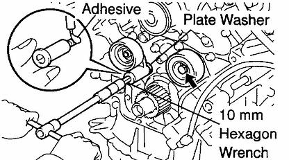 Adhesive: Part No. 08833-00080, THREE BOND 1344, LOCTITE 242 or equivalent b. Using a 10 mm hexagon wrench, install the plate washer and idler pulley with the pivot bolt. Torque: 34.