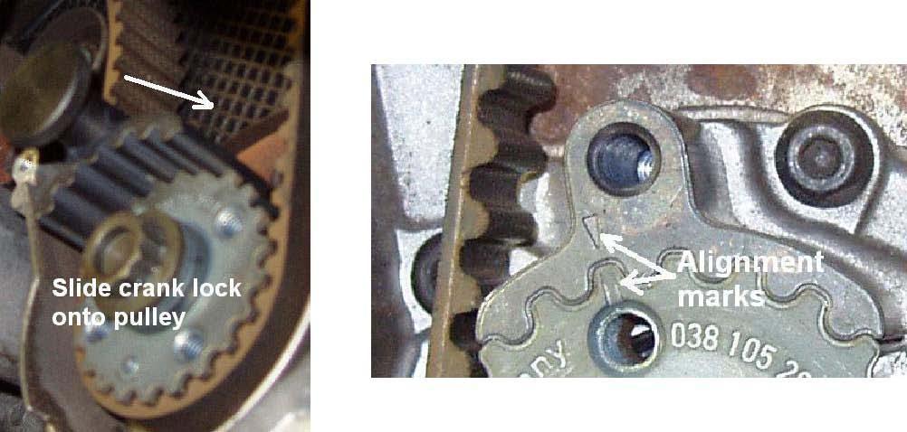 If the hole is not visible, rotate the crank one more full revolution until the cam pulley is oriented like the picture below.