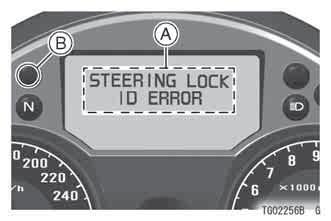 GENERAL INFORMATION 57 When the warning message STEERING LOCK ID ERROR and warning symbol are displayed with the warning light, this warns that the ignition switch unit is not