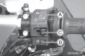 88 GENERAL INFORMATION A. Engine Stop Switch B. Starter Button C. Hazard Switch Starter Button: The starter button operates the electric starter when the transmission is in neutral.