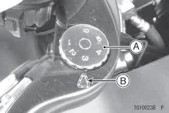 A. Adjuster B. Mark GENERAL INFORMATION 95 Fuel Tank Cap To open the fuel tank cap, pull up the key hole cover. Insert the key knob into the fuel tank cap and turn the key knob to the right.