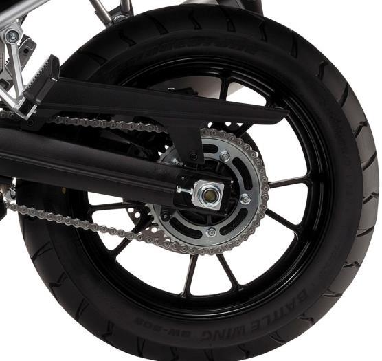 Bridgestone tyres (BW501 at the front; BW502 at the rear) have a higher speed range (up from H to V) for a sporty yet comfortable ride on paved roads.