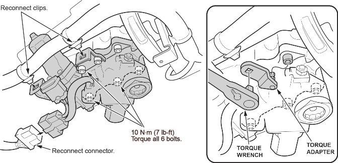 Use the torque adapter (T/N 07AAA-TZ5A100) and a ¼" drive torque wrench to torque the bolts to 10 N m (7