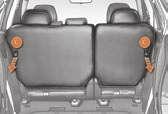 Raise the rear seat lever A, or Pull the button in the boot B for at least one second, or Pull the rear seat releasing strap C towards you. 2.