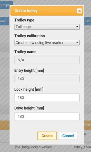 Creating a specific Trolley in the MiR system The next step is to set up a trolley in the MiR system. 1. Under Hook actions, click Create trolley. 2. Select the trolley type you created before. 3.