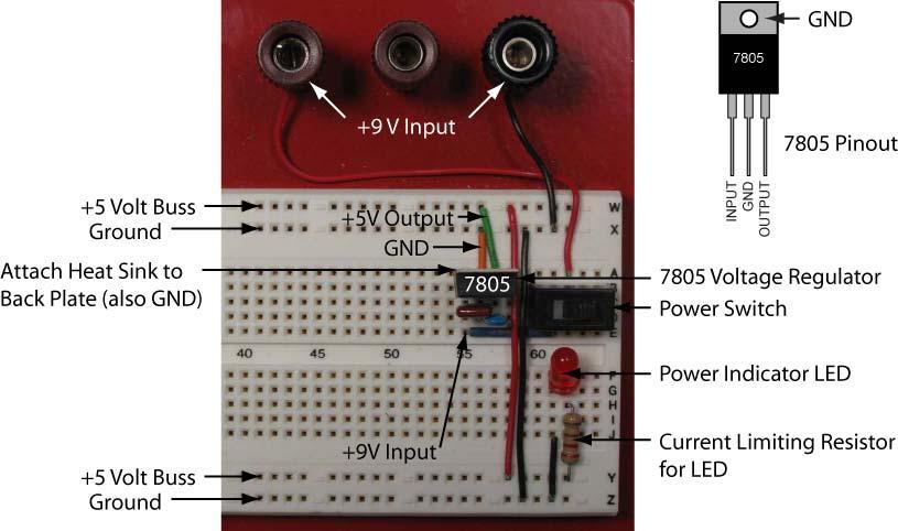 Figure 26: A 7805 Fixed Output Voltage Regulator Circuit on a Solderless Breadboard All linear regulators require an input voltage at least some minimum amount higher than the rated output voltage.