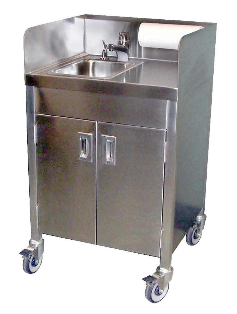 Universal Stainless Steel Sinks Universal Stainless Mobile Hand Sink This is a complete, totally self-contained unit, requiring only a 110V/20-amp power source to operate.