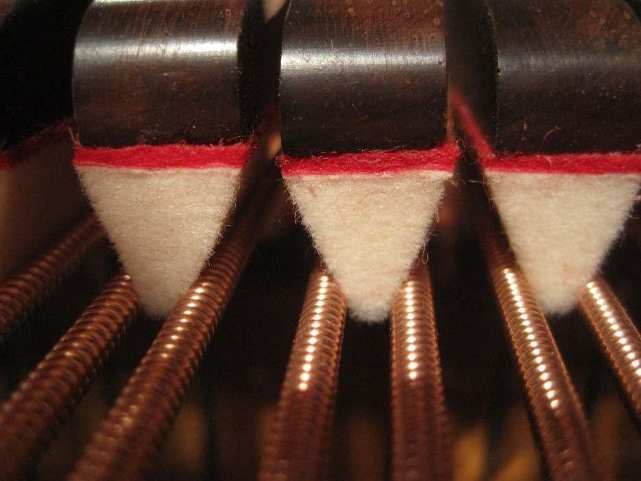 Once the damper heads and guide wires have been attended to, new damper felts will be glued in place, usually at the piano. High quality, precut damper felts are available for many grands.