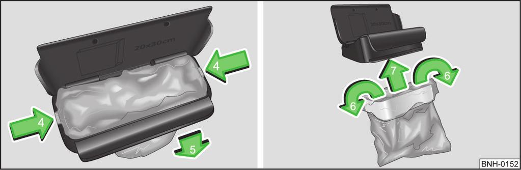 Pull the new bag through the frame and pull it over the frame in the direction of arrow 6. Insert the bag with the frame in the direction of arrow 7 into the container body.