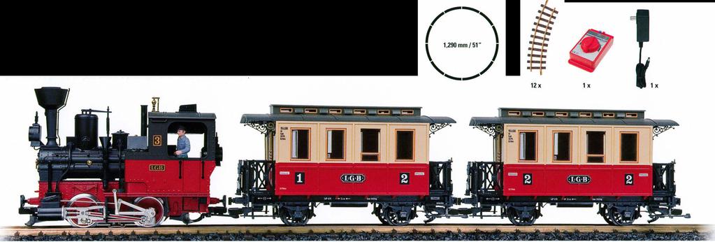Starter Sets 72302 Passenger Starter Set, Sound, 120 Volts This set includes everything you need to enter the World of LGB: You get a "Stainz" steam locomotive with a powerful motor, electronic steam