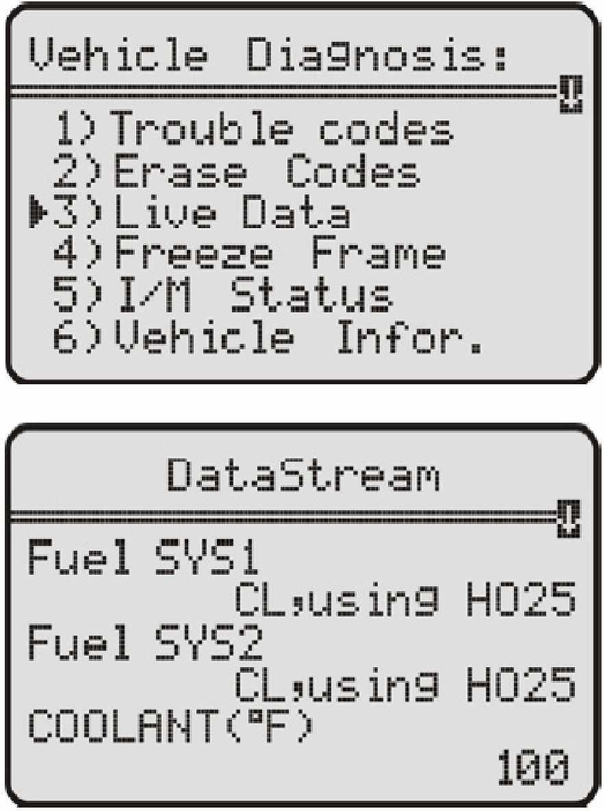 4 Read Live Data (Current Sensor values and Parameters) To read the current sensor values and Parameters, select 3) Live Data. All available data will be display.