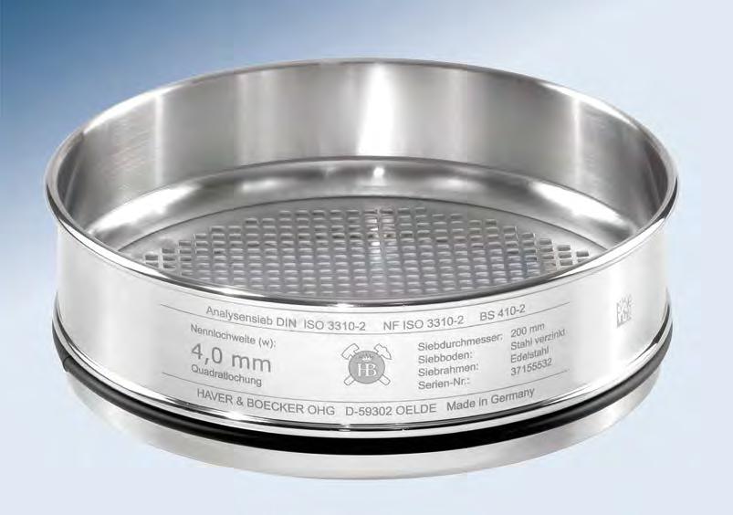 Test sieves Test sieves with square holes Frame: Stainless steel; perforated plates: Galvanised steel, ISO 3310-2, ASTM E323, BS 410, AFNOR Delivery information: Supplied as standard with a