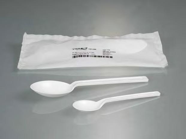 Sampling spoons PS, white. These disposable spoons are produced in a cleanroom environment and gamma radiation sterilised. They are ideal for the sampling of powder, granules and pastes.