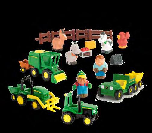 Features 4 John Deere vehicles with 3 wagons.