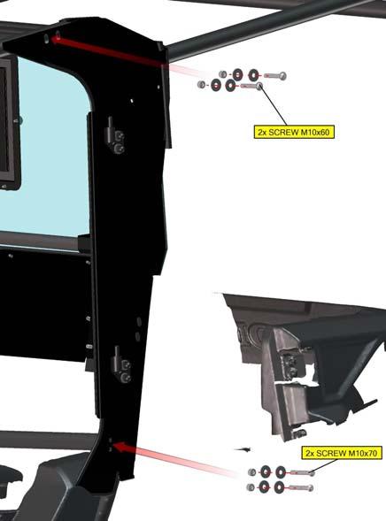 6 Fasten the door base to the roll cage with 2x M10x60 screws,