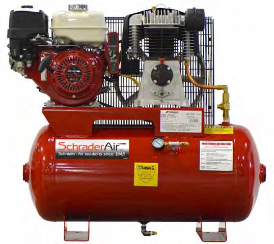 Schrader - Air solutions since 1845 Assembled in USA Honda Gas Powered, 175 PSI Air Compressors for the Service Industry Finned Inner cooler Aluminum Pump with cast iron cylinder Finned After-cooler