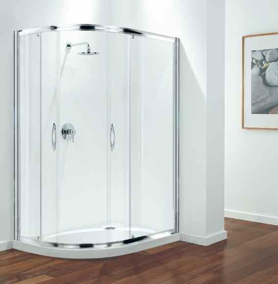 Premier Offset Quadrant with satin side panels. Finished in polished silver with plain glass doors on a Coratech Slimline 60 Showertray. Premier Offset Quadrant with modesty 1 side panels.