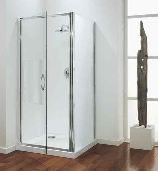 Premier Pivot Door with modesty panel 1. Finished in polished silver on a Coratech Slimline 60 Showertray.