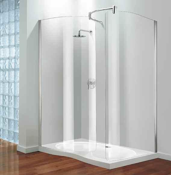 Premier Walk-in Front and Side Panel. Finished in polished silver with plain glass on a Coratech Slimline 60 Showertray.